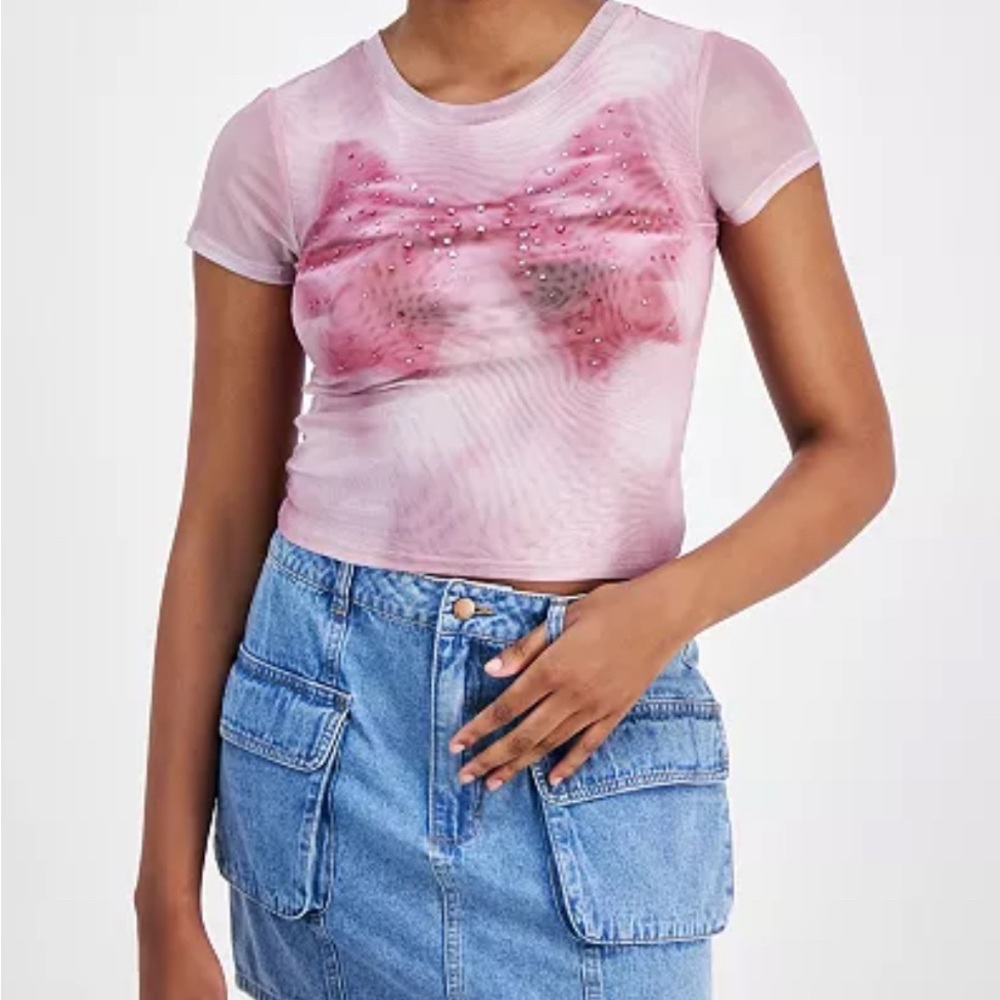 Madden Girl Pink Sheer Bow Top with Jewels
